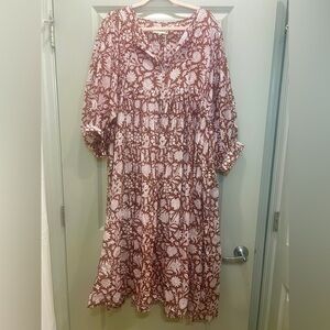 Daughters of India XL Brown Floral Boho Midi Dress NWT Tassel Tie Neck Block